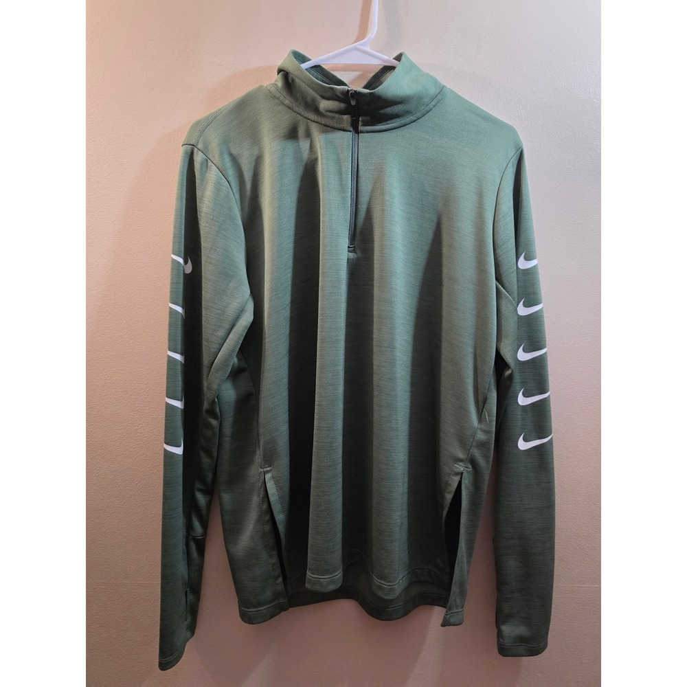 Nike Mens Dri-FIT Running Quarter Zip Pullover Olive Green Swoosh Sleeve Large